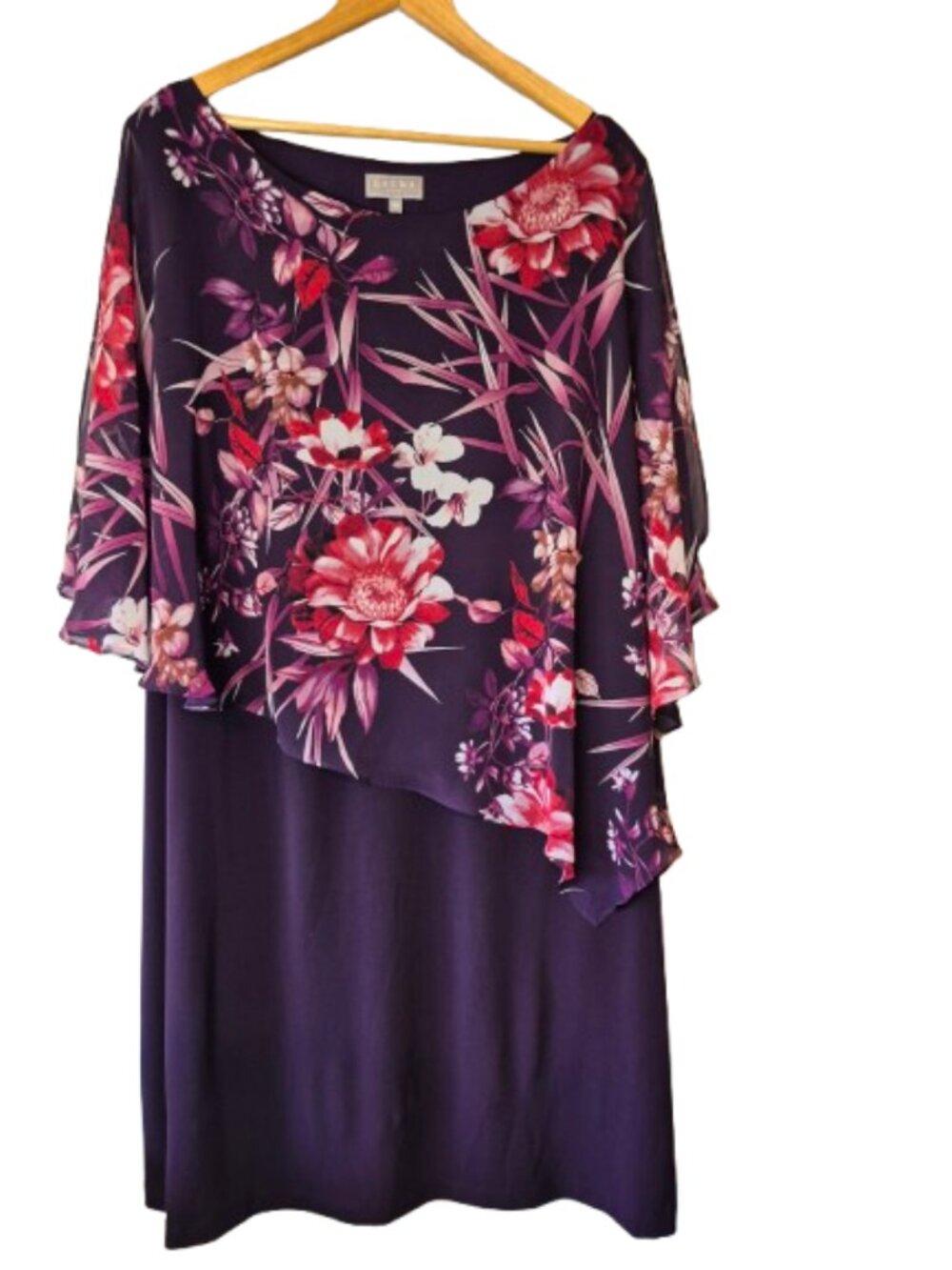 Laura Plus Eggplant with Floral Capelet Overlay Special Occasion Dress Size 24